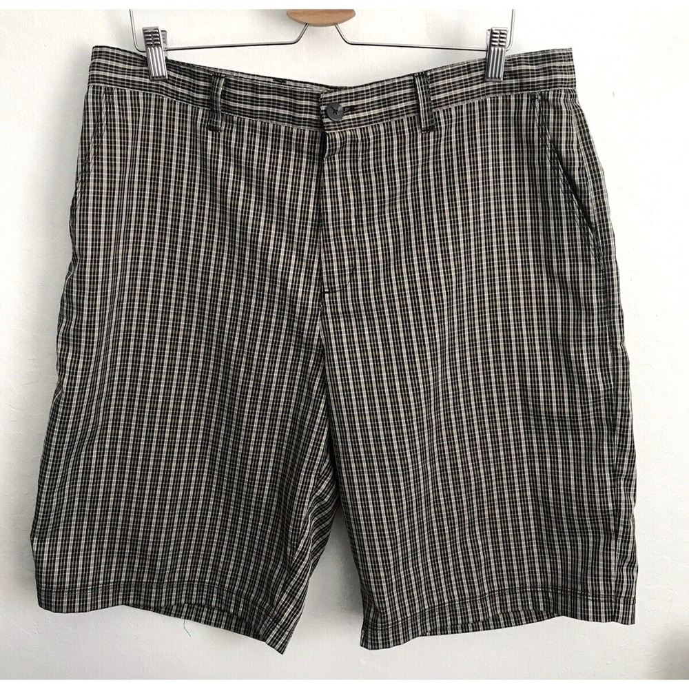 Adidas Mens Golf Shorts Sz 36 Stretch Black Plaid Casual Pockets Zipper Logo